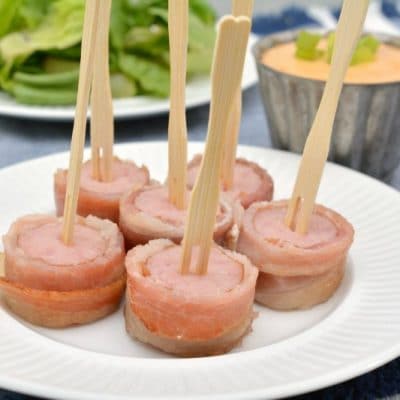 Keto Bacon Wrapped Brats with Beer Cheese Sauce