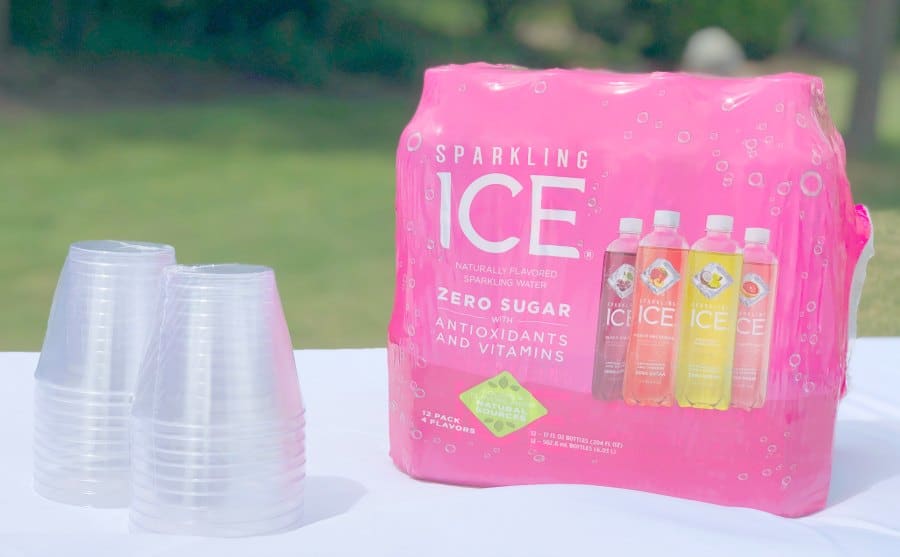 multipack of sparkling ice on table with plastic cups