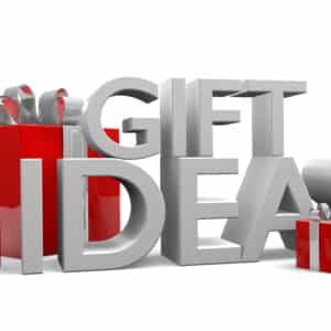 3D text of the words Gift Ideas next to gift boxes