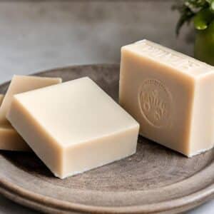 three bars of goat milk soap on a dish
