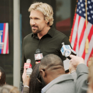 Pastor David standing by American flag