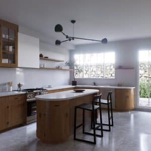 Spacious wooden kitchen with white marble. 3d rendering. Kitchen with rounded island and black wooden bar stools. Kitchen with appliances and utensils.