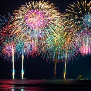 Colorful fireworks on black sky background