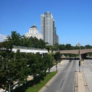 A road heading into the city of Milwaukee, Wisconsin
