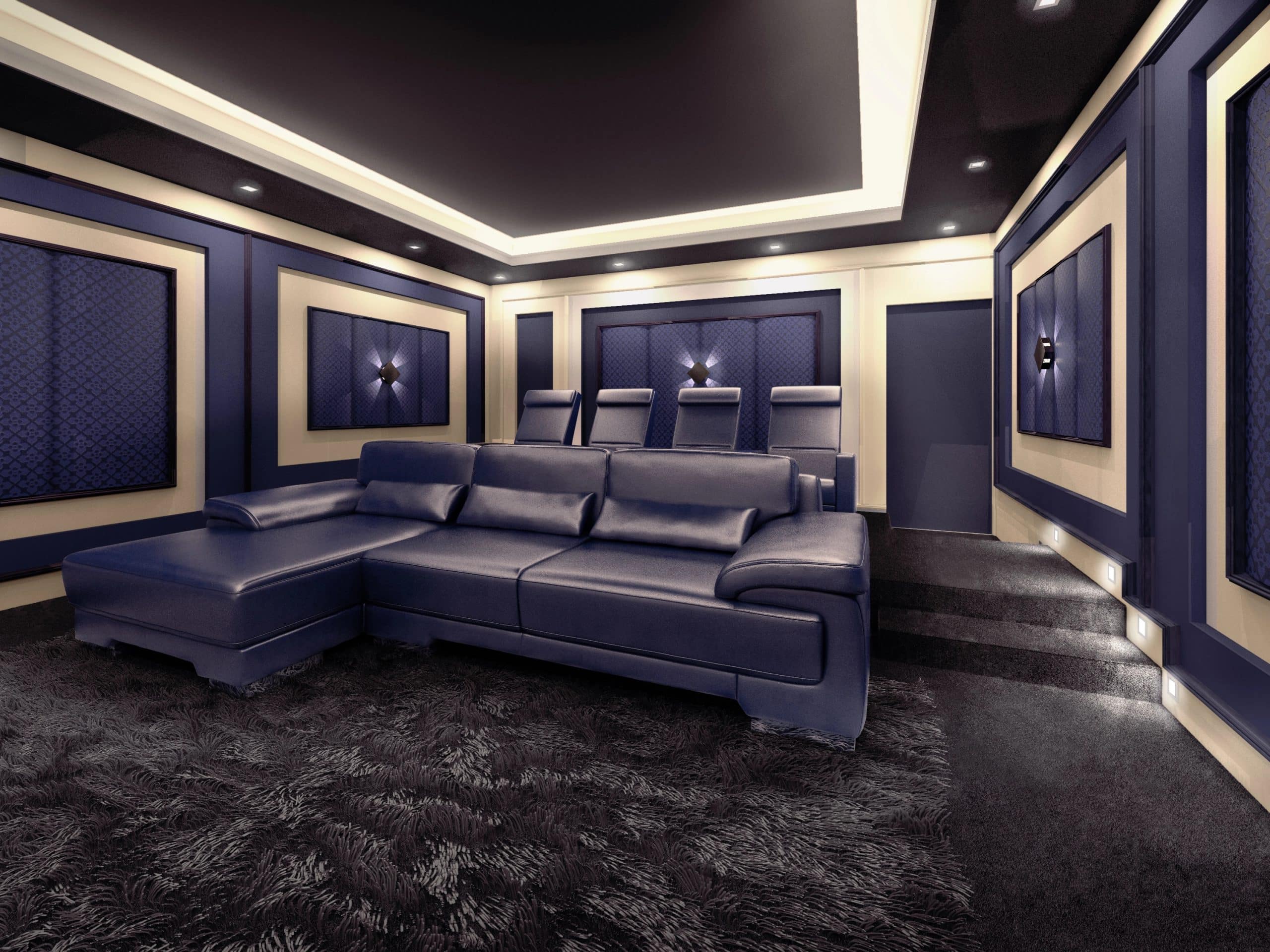 Modern private home cinema system with beamer and canvas and many chairs. 3d illustration. Modern private home cinema system with beamer and canvas and man